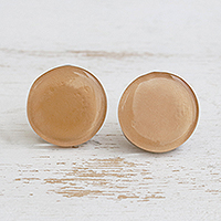 Art glass button earrings, 'Silken Sand' - Beige Fused Glass Button Earrings