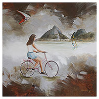 'Bike in Rio' - Signed Painting of a Girl on a Bike from Brazil
