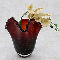 Art glass vase, 'Red Splash' (14 inch) - Handblown Art Glass Vase in Red from Brazil (14 Inch)