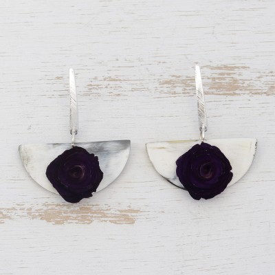 Wood and horn dangle earrings, Black Rose Half-Moon
