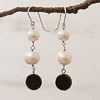 Cultured pearl and onyx dangle earrings, 'Midnight in the Clouds' - White Cultured Pearl and Black Onyx Earrings from Brazil