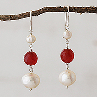 White Cultured Pearl and Carnelian Earrings from Brazil,'Fire in the Clouds'