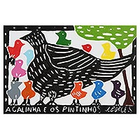 'The Hen and Her Chicks' - Bird Family Multicolor Woodcut Print by J. Borges in Brazil