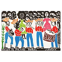 'Rural Fife Band I' - Fife Band Portrait Multicolor Woodcut Print by J. Borges