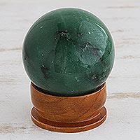 Quartz sphere sculpture, 'Green Horizon' - Green Quartz Gemstone Sculpture with Cedar base