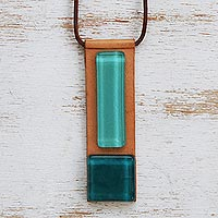 Art glass and leather pendant necklace, 'Pieces of the Sea' - Fused Glass and Leather Necklace