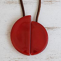 Art glass and leather pendant necklace, 'Scarlet Planes' - Art Glass Pendant Necklace on Leather Cord