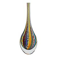 Handblown art glass vase, 'Carnival Color Teardrop' - Collectible Handblown Murano Inspired Art Glass Vase