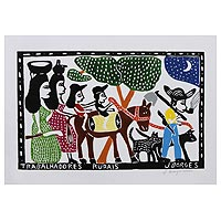 'Agricultural Workers' - Brazil Farm Workers Color Woodcut Print by J. Borges