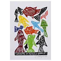 'School of Fish' - Colorful Fish Woodcut Print by J. Borges in Brazil