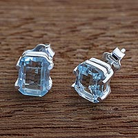 Blue topaz stud earrings, 'Heaven and Earth' - Two Carat Blue Topaz Earrings