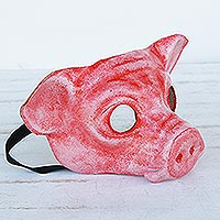 Leather mask, 'Carnival Pig' - Painted Leather Pig Mask from Brazil