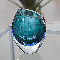 Handblown art glass vase, 'Ocean Sigh' (8 inch) - 8 Inch Murano Inspired Handblown Turquoise Art Glass Vase