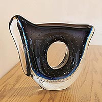 Art glass vase, 'Midnight Storm' - Black and Blue Asymmetrical Vase in Glass from Brazil