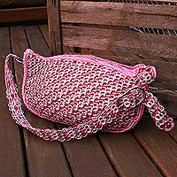 Soda pop-top shoulder bag, 'Pink Marshmallow Wishes' - Eco Friendly Recycled Pop-top Pink Crochet Shoulder Bag