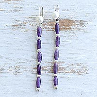 Amethyst and cultured pearl dangle earrings, 'Lovely Lengths' - Long Cultured Pearl and Amethyst Earrings from Brazil