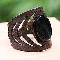 Agate and leather cuff bracelet, 'Black Energy' - Dark Brown Leather Cuff Bracelet With Black Agate