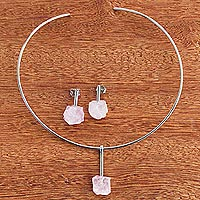 Rose quartz jewelry set, 'Pink Sugar' - Rhodium Plated Necklace and Earrings With Rose Quartz