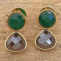 Gold plated agate and smoky quartz dangle earrings, 'Forest Mist' - Green Agate and Smoky Quartz Dangle Earrings from Brazil