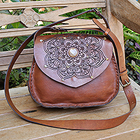 Leather shoulder bag, 'Caramel Mandala' - Leather Shoulder Bag with Mandala Design and Quartz