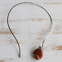 Agate collar necklace, 'Caramel Wrap' - Stainless Steel Necklace with Caramel Agate from Brazil