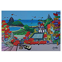 Giclee print on canvas, 'Red Carioca Favela II' - Naif Colorful Rio Favela Landscape Giclee Print on Canvas