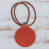 Glass and leather pendant necklace, 'Tangerine Moon' - Leather and Art Glass Pendant Necklace from Brazil