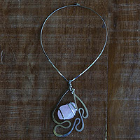 Rose quartz pendant necklace, 'Dangerous Curves' - Stainless Steel and Rose Quartz Statement Necklace