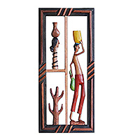 Wood relief panel, 'Man in Red' - Traditional Handmade Painted Wood Relief Panel from Brazil