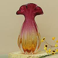 Handblown art glass vase, 'Tropical Blooms' ( 11 inch) - Brazil Handblown Ruffled Deep Red Art Glass Vase (11 Inch)
