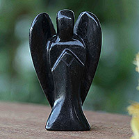 Jasper figurine, 'Midnight Angel of Consolation' - Black Jasper Petite Gemstone Angel Sculpture