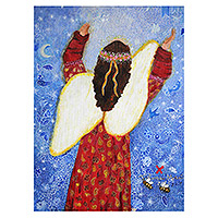 'The Force of the Universe' - Brazilian Signed Original Naif Painting of an Angel in Red