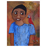'The Boy and the Bird' - Signed Naif Portrait Painting of a Boy and Bird