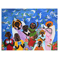 'Children & Doves Ask for Peace' - Acrylic on Canvas Naif Painting of Children Doves and Peace