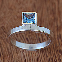 Blue topaz single stone ring, 'Fair and Square' - Artisan Crafted Blue Topaz Silver Solitaire Ring