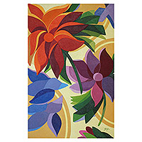 'Flowers and Birds' - Floral Painting with Bluebirds in Bright Color Closures