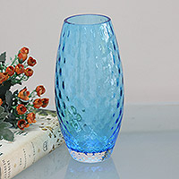 Art glass vase, 'Water Olea' - Artisan Blown Murano-Style Blue Art Glass Vase from Brazil