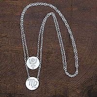 Malachite double pendant necklace, 'Celebrating Virgo' - Virgo Sign Sterling Silver Malachite Double Pendant Necklace