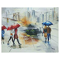 'A Rainy Day in Times Square' - Signed Unstretched Impressionist Painting of Urban Scene