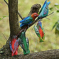 Wood ornaments, 'Natural Hummingbirds' (set of 5) - Set of 5 Pine Wood Hummingbird Ornaments in Colorful Tones