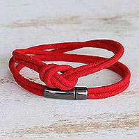 Suede wrap bracelet, 'Celtic Charm' - Red Suede Wrap Bracelet with Celtic Knot and Double Strands
