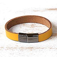 Leather wristband bracelet, 'Yellow Cadillac' - Yellow Leather Wristband Bracelet with Magnetic Clasp