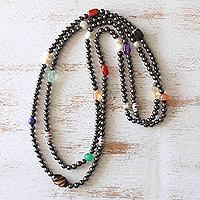 Multi-gemstone long beaded necklace, 'Glamorous Rainbow' - Brazilian Handcrafted Multi-Gemstone Long Beaded Necklace