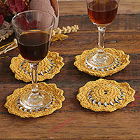 Crocheted coasters, 'Amber Ambience' (set of 4) - Set of 4 Eco-Friendly Crocheted Amber Coasters from Brazil