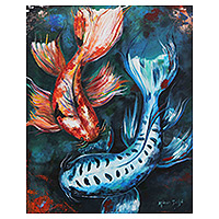 'Carp IV' - Acrylic Impressionist Stretched Painting of Two Carp Fish