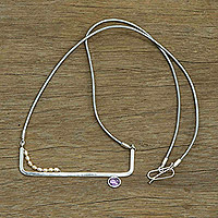 Cultured pearl and amethyst long pendant necklace, 'Purple Chic' - Tourmaline Sterling Silver and Leather Long Pendant Necklace