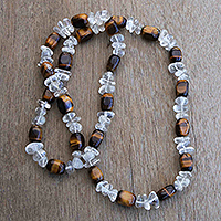 Quartz and tiger's eye beaded necklace, 'Spiritual Courage' - Beaded Long Necklace with Clear Quartz and Tiger's Eye Gems