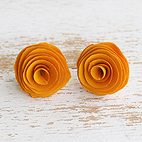Wood button earrings, 'Honey Beauty' - Rose-Themed Honey Eucalyptus Wood Button Earrings