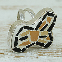 Ceramic cocktail ring, 'Mosaic Love' - Sterling Silver and Ceramic Mosaic Cocktail Ring from Brazil