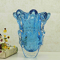 Handblown art glass vase, 'Ethereal Waves' - Ocean-Inspired Handblown Art Glass Vase in Blue